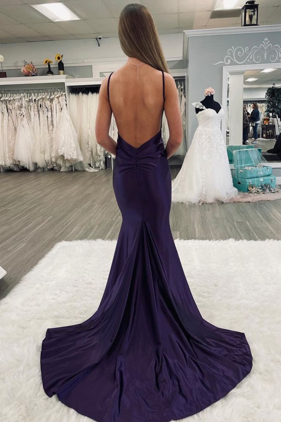 Homrain Simple Mermaid Spaghetti Straps Backless Long Prom Dress | Purple Prom Dresses