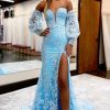 Homrain Detachable Sleeves Sweetheart Lace Long Prom Dress With Slit | Blue Prom Dresses