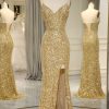 Homrain Sparkly Mermaid Backless Long Prom Dress With Slit | Gold Prom Dresses