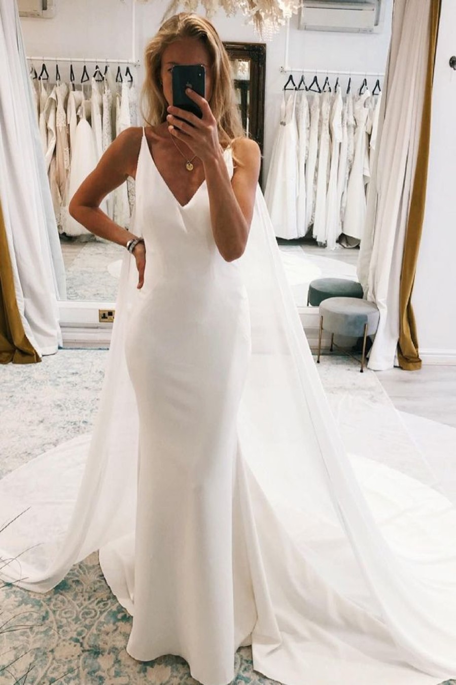 Homrain Simple White Watteau Train Boho Long Mermaid Wedding Dress | Beach Wedding Dresses