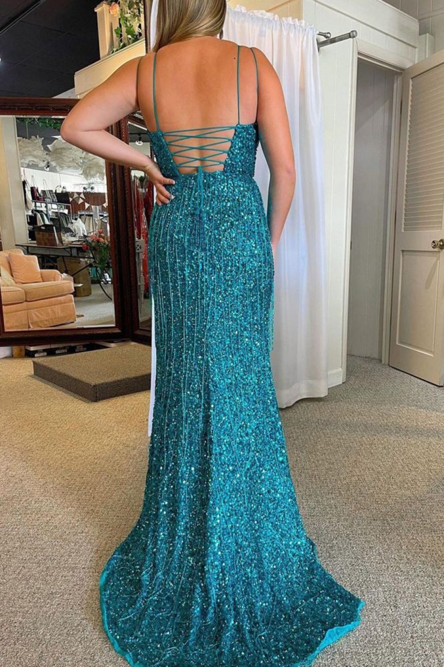 Homrain Sparkly Mermaid Sequins Long Prom Dress With Fringes | Blue Prom Dresses