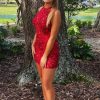 Homrain Sparkly Sequined Open Back Tight Short Homecoming Dress With Fringes | Red Hoco Dresses