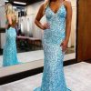 Homrain Mermaid Spaghetti Straps Blue Sequins Backless Long Prom Dress | Blue Prom Dresses