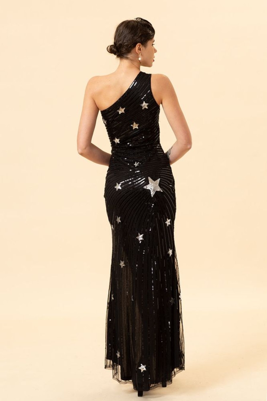 Homrain Sparkly Sheath One Shoulder Sequins Long Prom Dress With Star | Black Prom Dresses