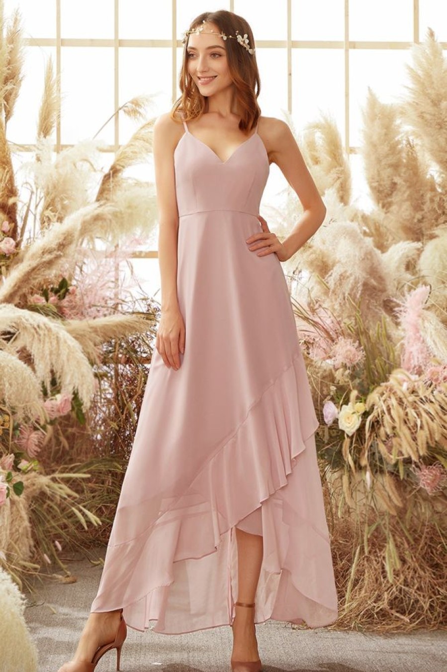 Homrain Blush High Low Chiffon Bridesmaid Dress | Bridesmaid Dress Under 100