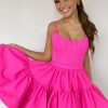 Homrain Spaghetti Straps Lace-Up Back A-Line Short Satin Homecoming Dress | Hot Pink Hoco Dresses