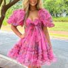 Homrain Puff Sleeves A-Line Floral Short Homecoming Dress With Ruffles | Hot Pink Hoco Dresses