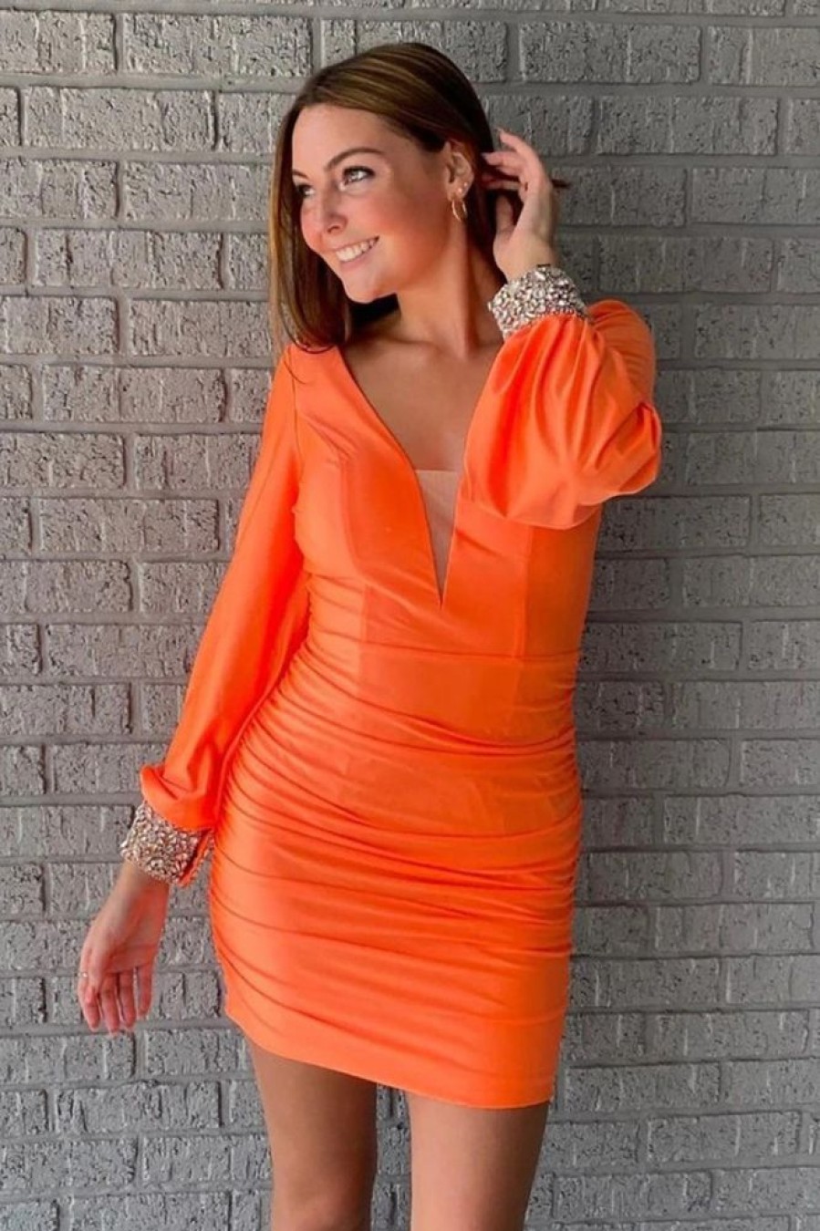 Homrain Ruched Tight Homecoming Dress | Orange Prom Dresses