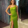 Homrain Sparkly Sequins Mermaid One Shoulder Long Prom Dress With Slit | Green Prom Dresses