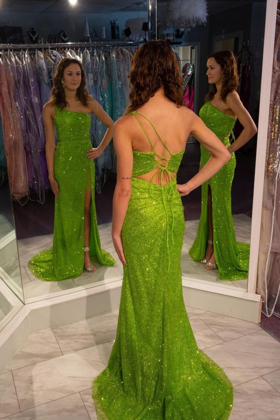 Homrain Sparkly Sequins Mermaid One Shoulder Long Prom Dress With Slit | Green Prom Dresses