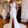 Homrain V-Neck Sheath Long Lace Wedding Dress With Slit | Mermaid Wedding Dresses