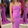 Homrain Spaghetti Straps Satin Backless Mermaid Prom Dress | Hot Pink Prom Dresses