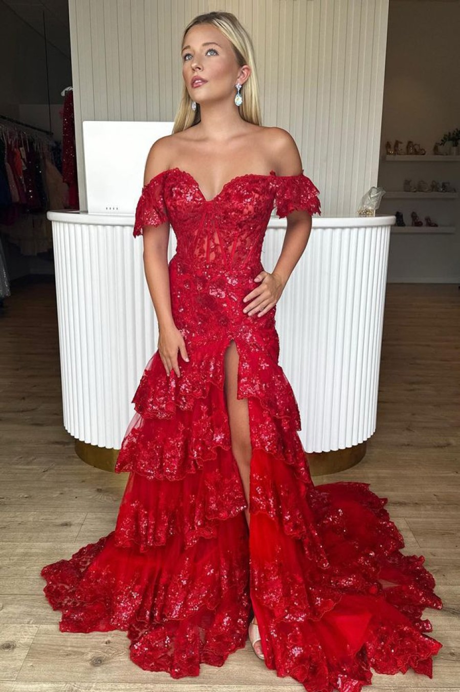 Homrain Off The Shoulder Tie Prom Dress | Red Prom Dresses