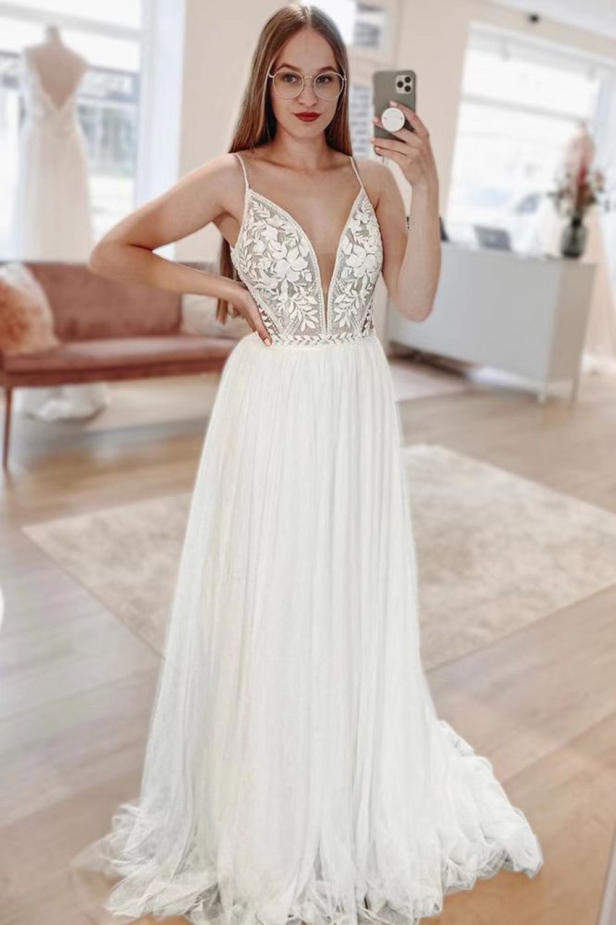 Homrain Simple A-Line Boho Long Chiffon Wedding Dress With Lace | Lace Wedding Dresses