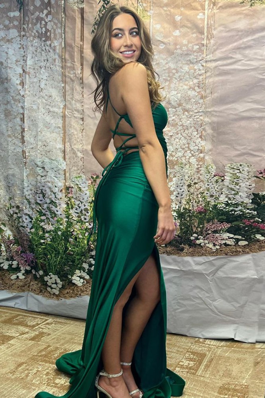 Homrain Mermaid Sapghetti Straps Satin Long Prom Dress With Slit | Green Prom Dresses