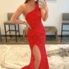 Homrain Sheath One Shoulder Sequins Prom Dress With Slit | Red Prom Dresses