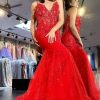 Homrain Mermaid Long Corset Prom Dress With Appliques | Red Prom Dresses