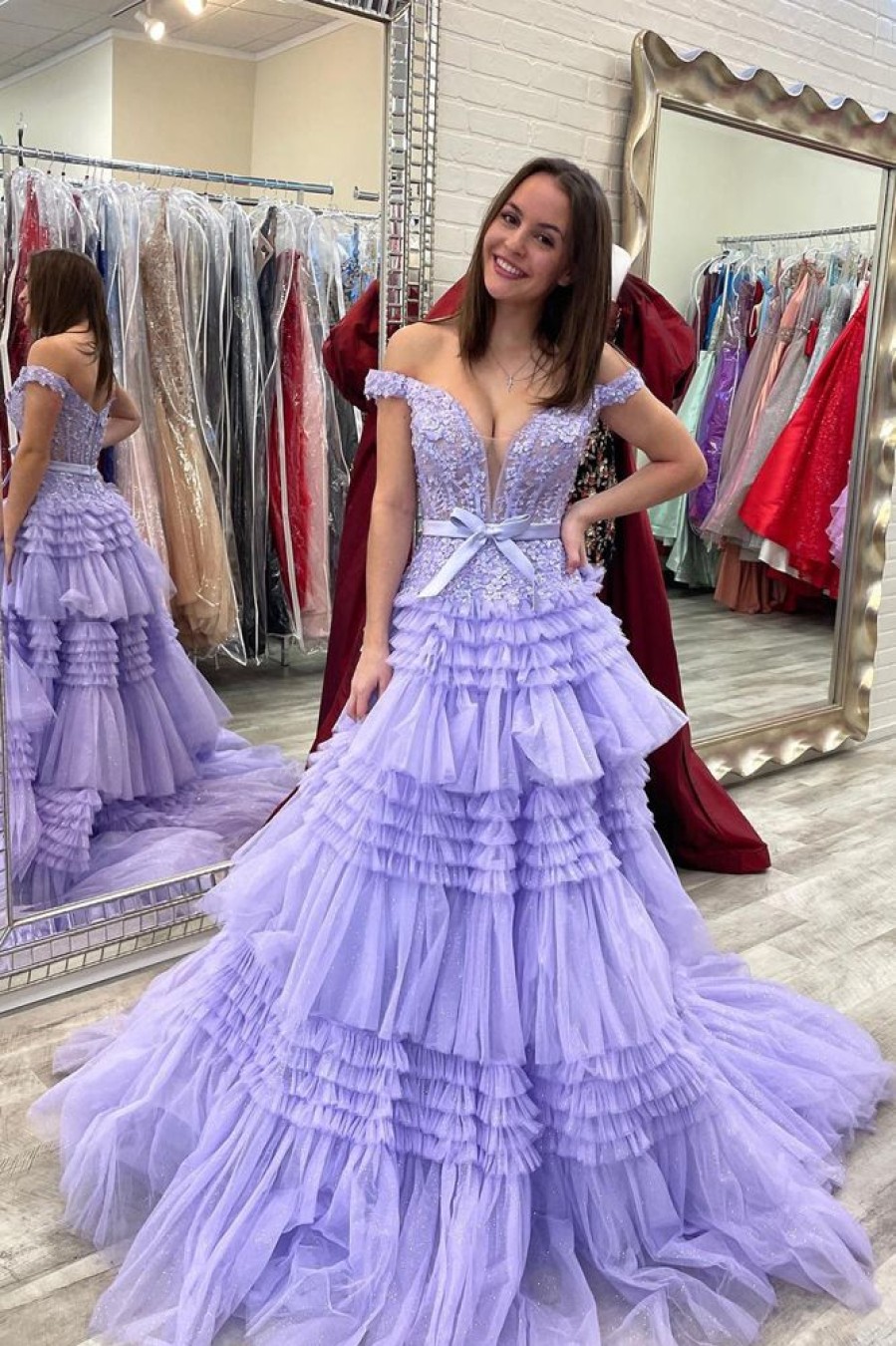 Homrain Lavender Off Shoulder Tie Prom Dress With Lace | Purple Prom Dresses