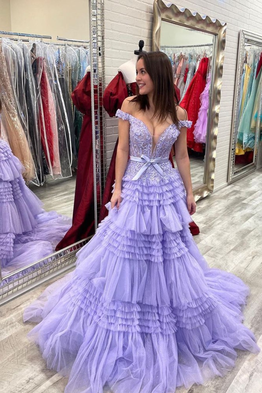 Homrain Lavender Off Shoulder Tie Prom Dress With Lace | Purple Prom Dresses