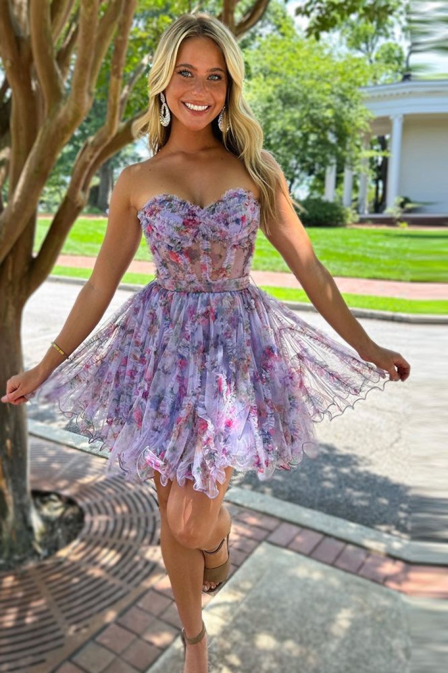 Homrain Corset Sweetheart Floral A-Line Short Homecoming Dress With Ruffles | Purple Hoco Dresses