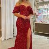 Homrain Off Shoulder Sequins Mermaid Prom Dress With Slit | Red Prom Dresses