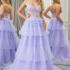 Homrain A Line Tulle Tiered Long Corset Prom Dress With Appliques | Purple Prom Dresses