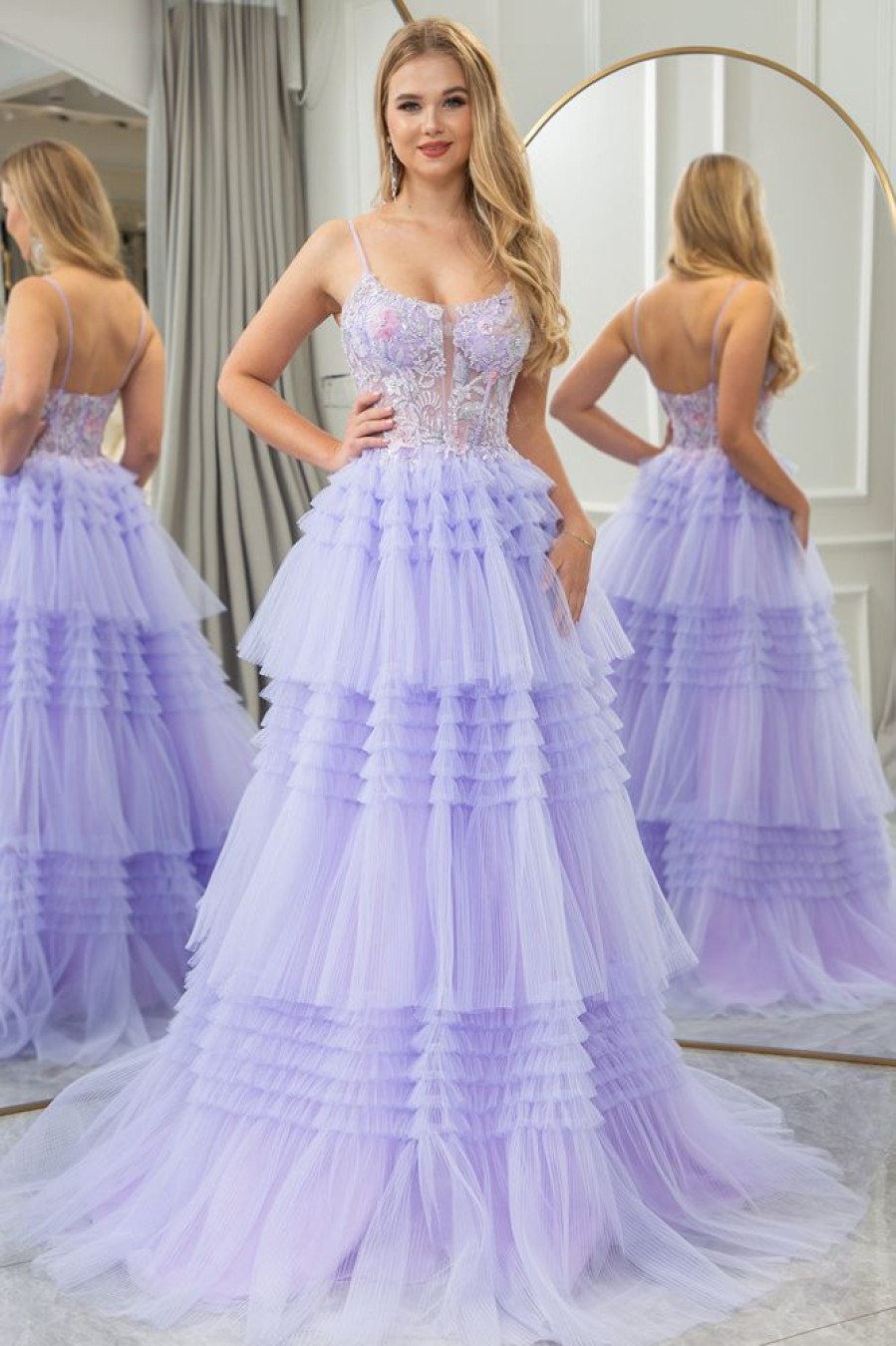 Homrain A Line Tulle Tiered Long Corset Prom Dress With Appliques | Purple Prom Dresses