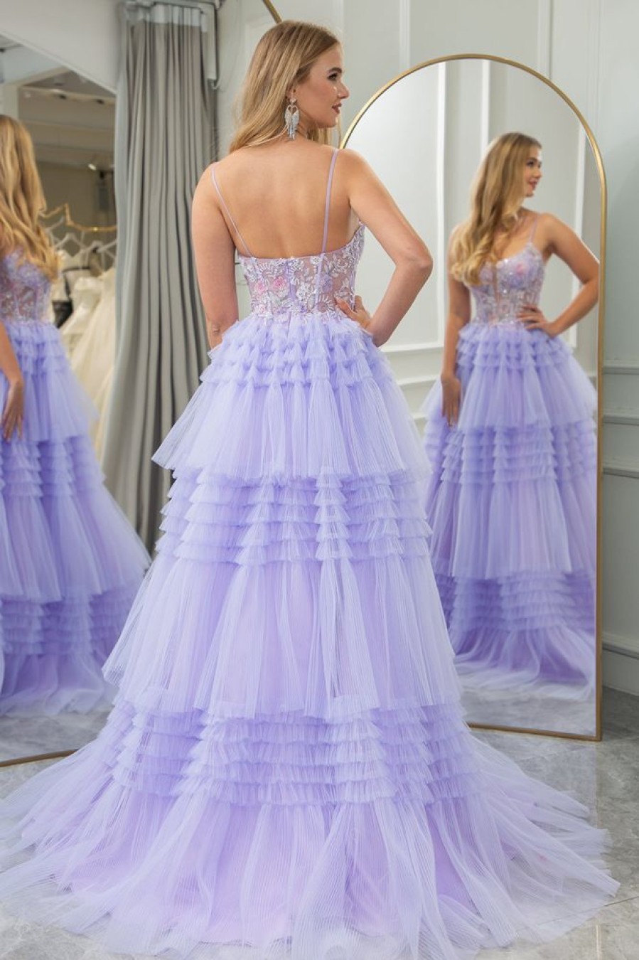 Homrain A Line Tulle Tiered Long Corset Prom Dress With Appliques | Purple Prom Dresses