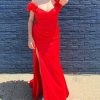 Homrain Plus Size Off The Shoulder Long Prom Dress With Slit | Red Prom Dresses