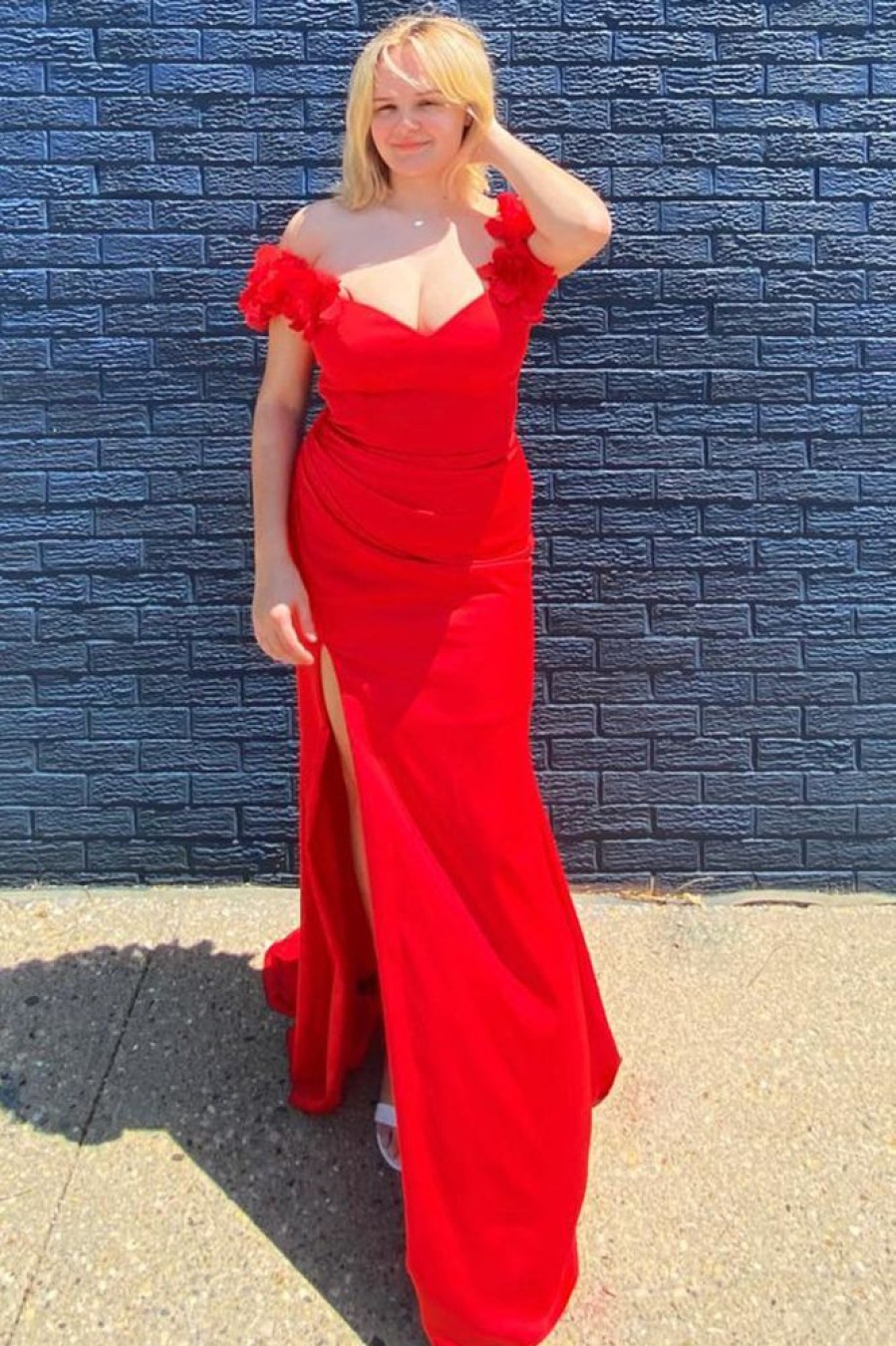 Homrain Plus Size Off The Shoulder Long Prom Dress With Slit | Red Prom Dresses