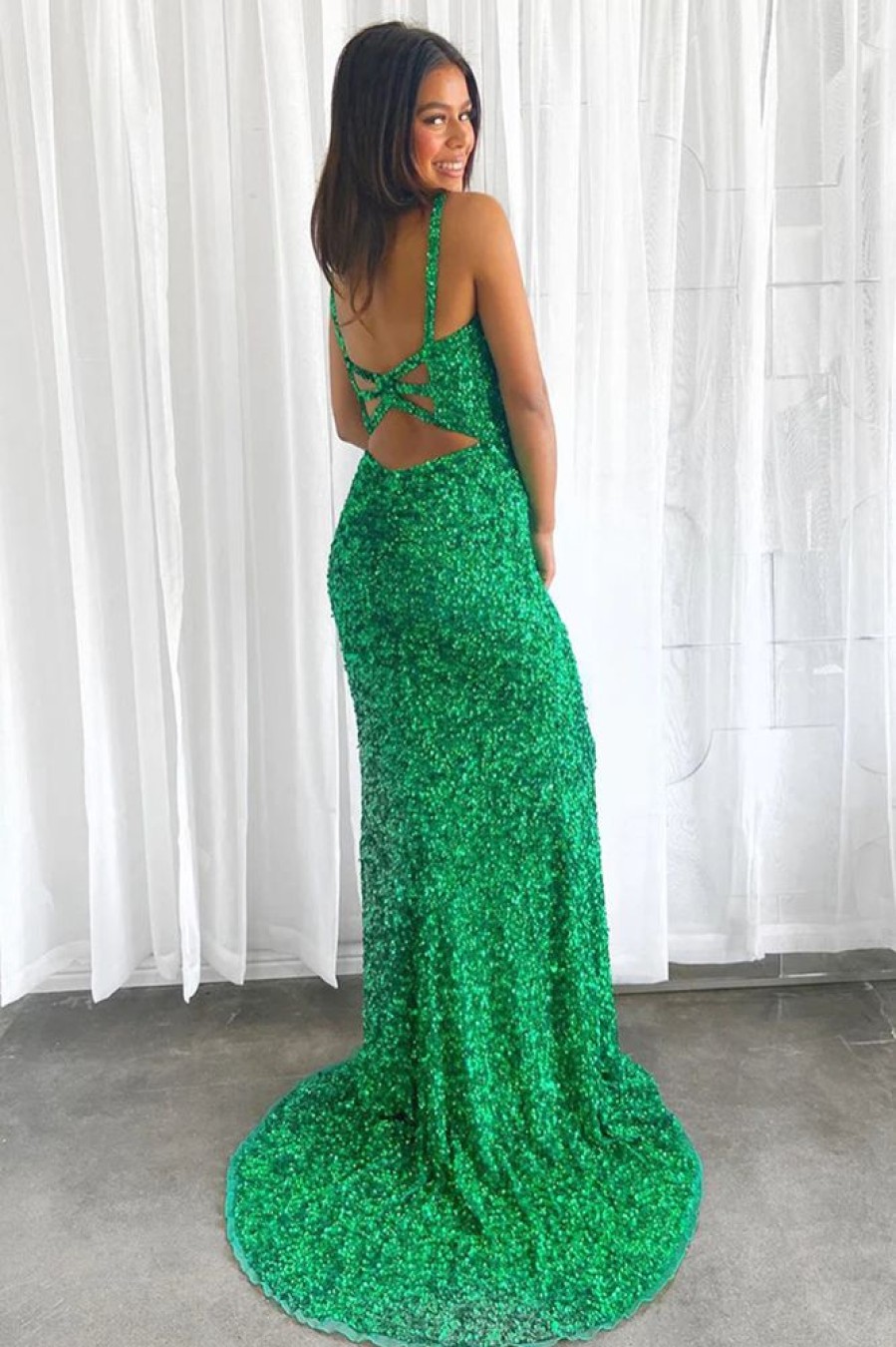 Homrain Sparkly Mermaid Sequin Long Prom Dress | Green Prom Dresses