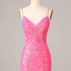 Homrain Sheath Spaghetti Straps Sequins Homecoming Dress | Pink Hoco Dresses