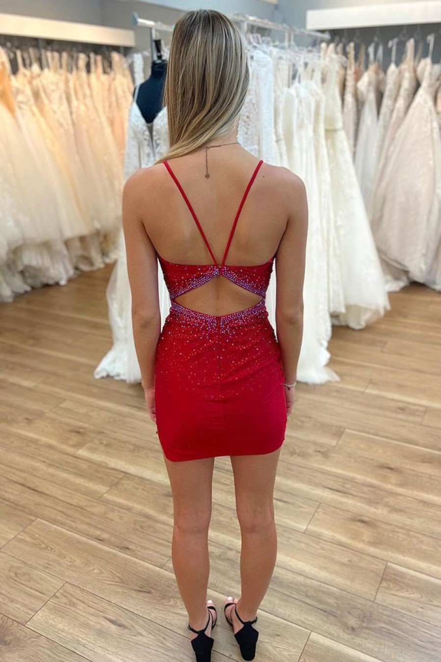 Homrain Sparkly Sequined Open Back Tight Short Homecoming Dress | Red Hoco Dresses