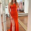 Homrain One Shoulder Glitter Prom Dress With Slit | Orange Prom Dresses