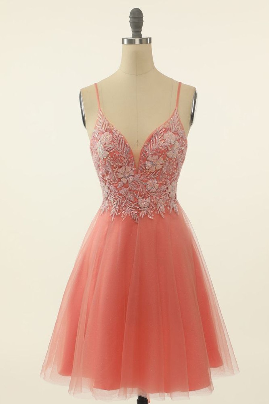 Homrain Appliques Tulle Cute Homecoming Dress | Pink Hoco Dresses