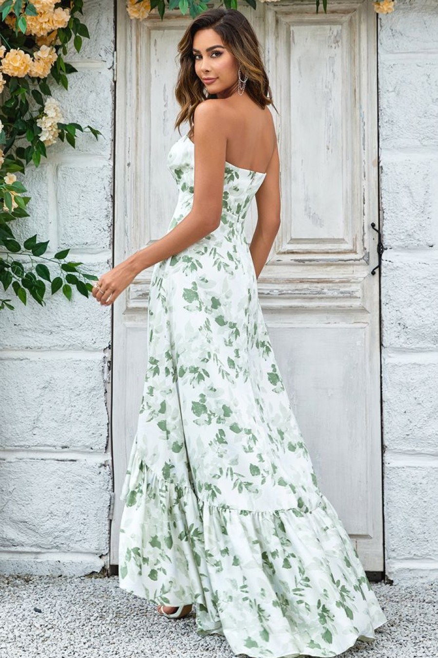 Homrain Asymmetrical Printed Long Wedding Party Dress With Strapless | Boho Bridesmaid Dresses