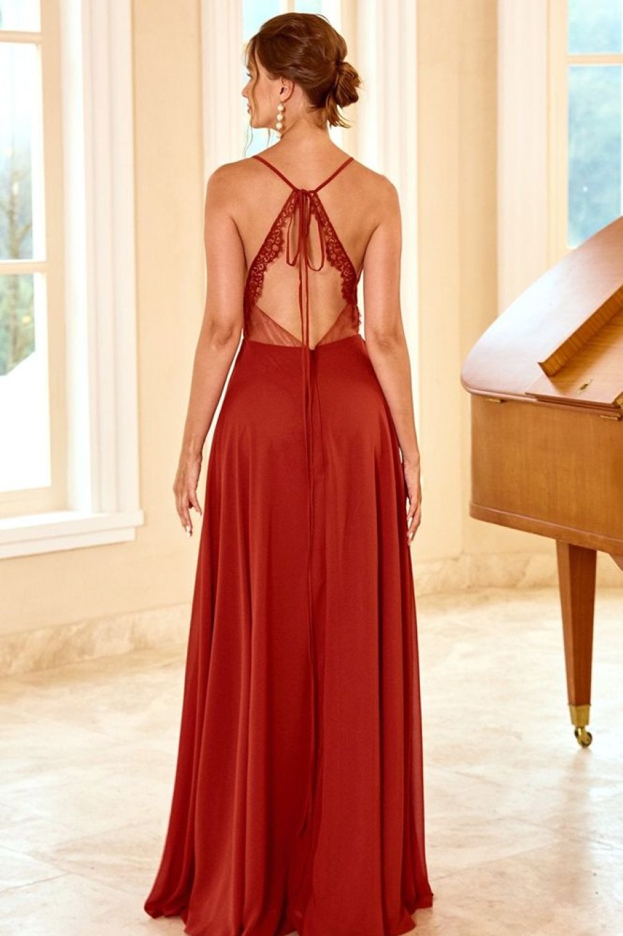 Homrain Red Spaghetti Straps Long Bridesmaid Dress | Bridesmaid Dresses