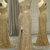 Homrain Glitter Cut Out One Shoulder Long Prom Dress With Slit | Gold Prom Dresses