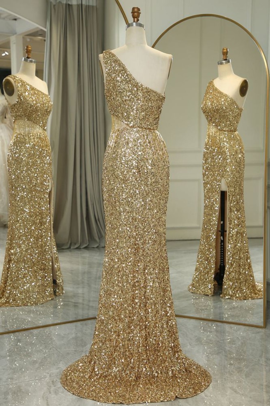 Homrain Glitter Cut Out One Shoulder Long Prom Dress With Slit | Gold Prom Dresses