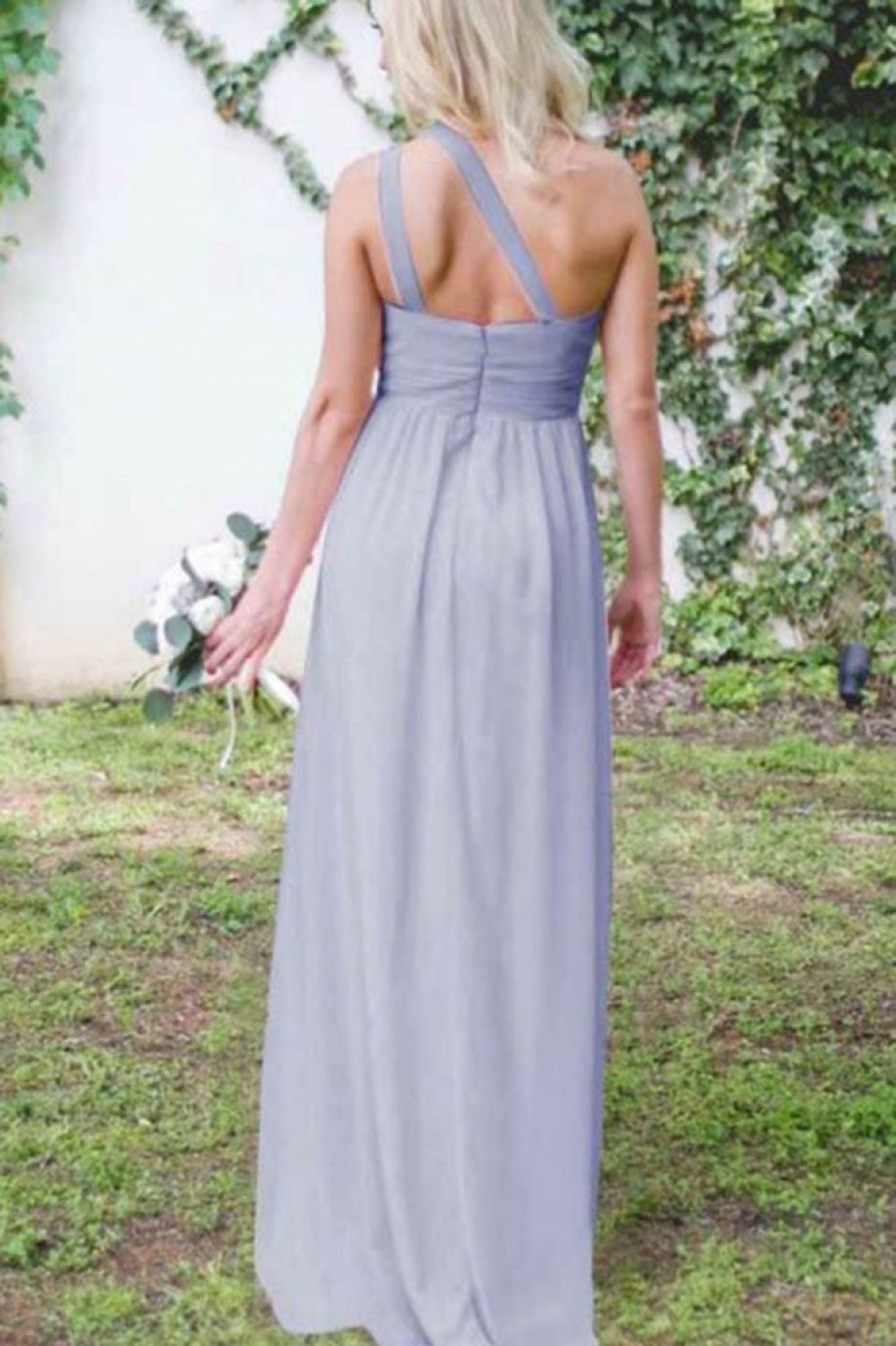 Homrain One Shoulder Chiffon Long Boho Pleated Bridesmaid Dress | Dusty Blue Bridesmaid Dress