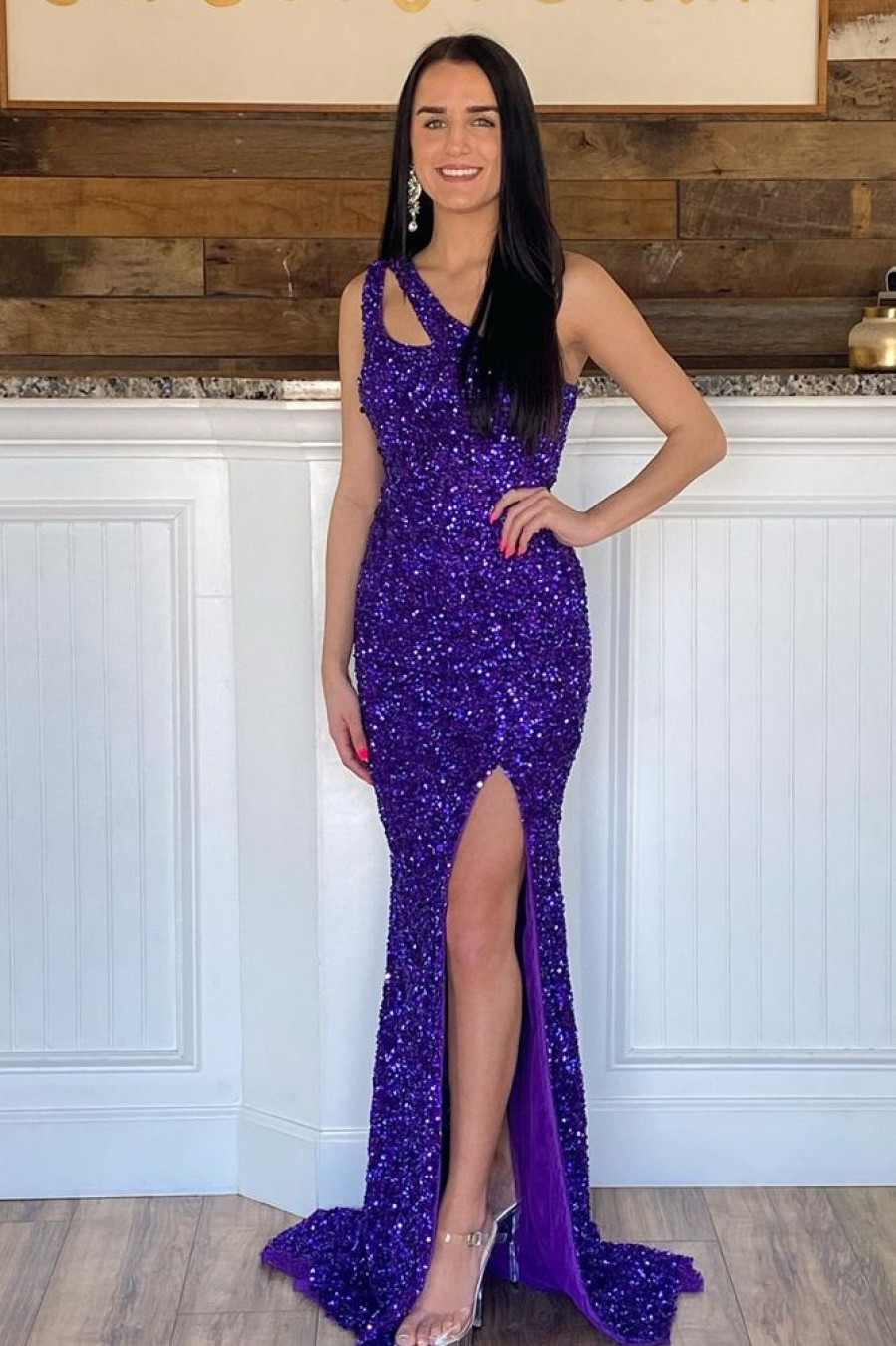 Homrain Mermaid One Shoulder Sequins Long Prom Dress | Purple Prom Dresses