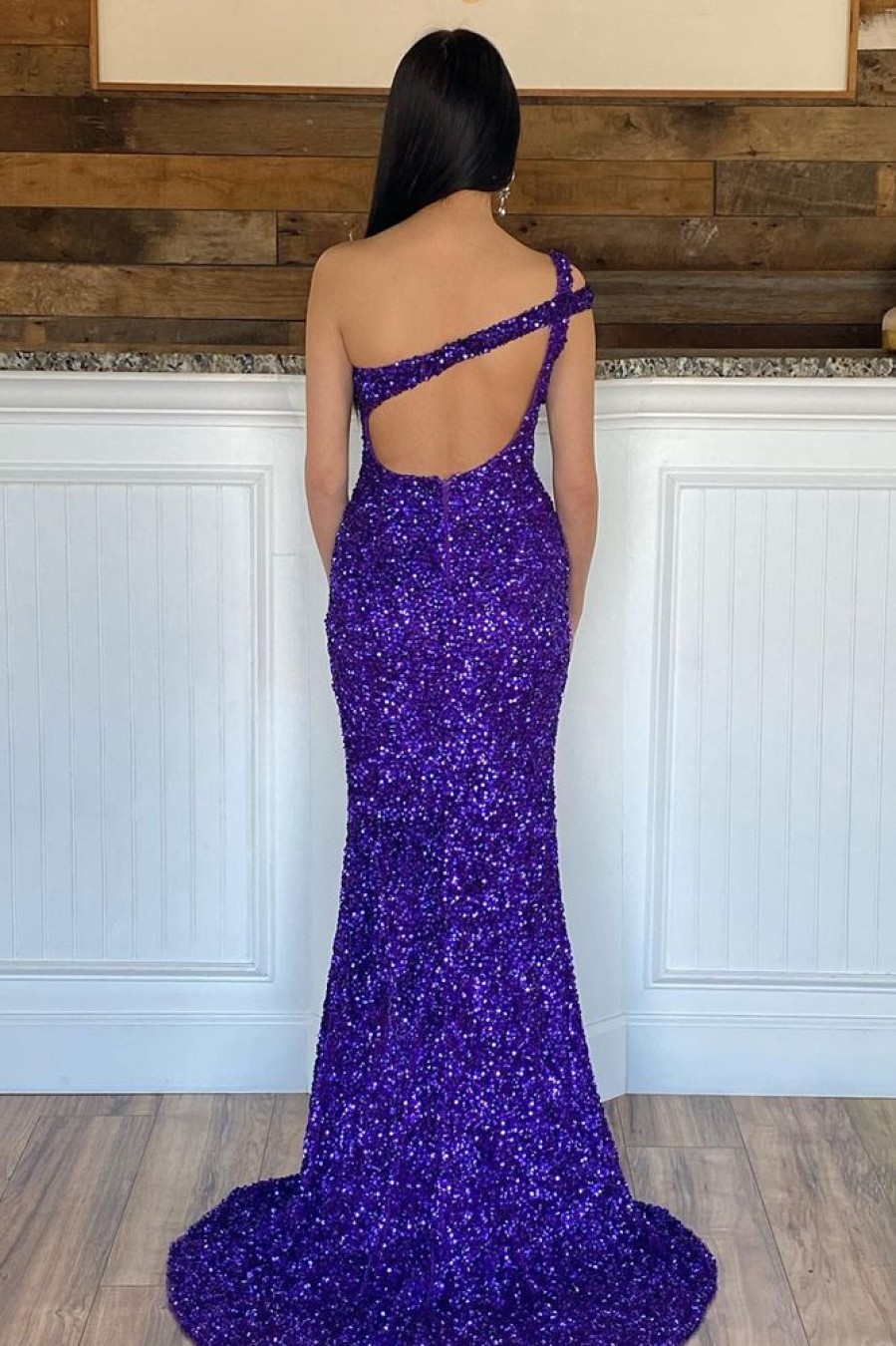 Homrain Mermaid One Shoulder Sequins Long Prom Dress | Purple Prom Dresses