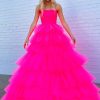 Homrain A-Line Tiered Tulle Long Prom Dress | Hot Pink Prom Dresses