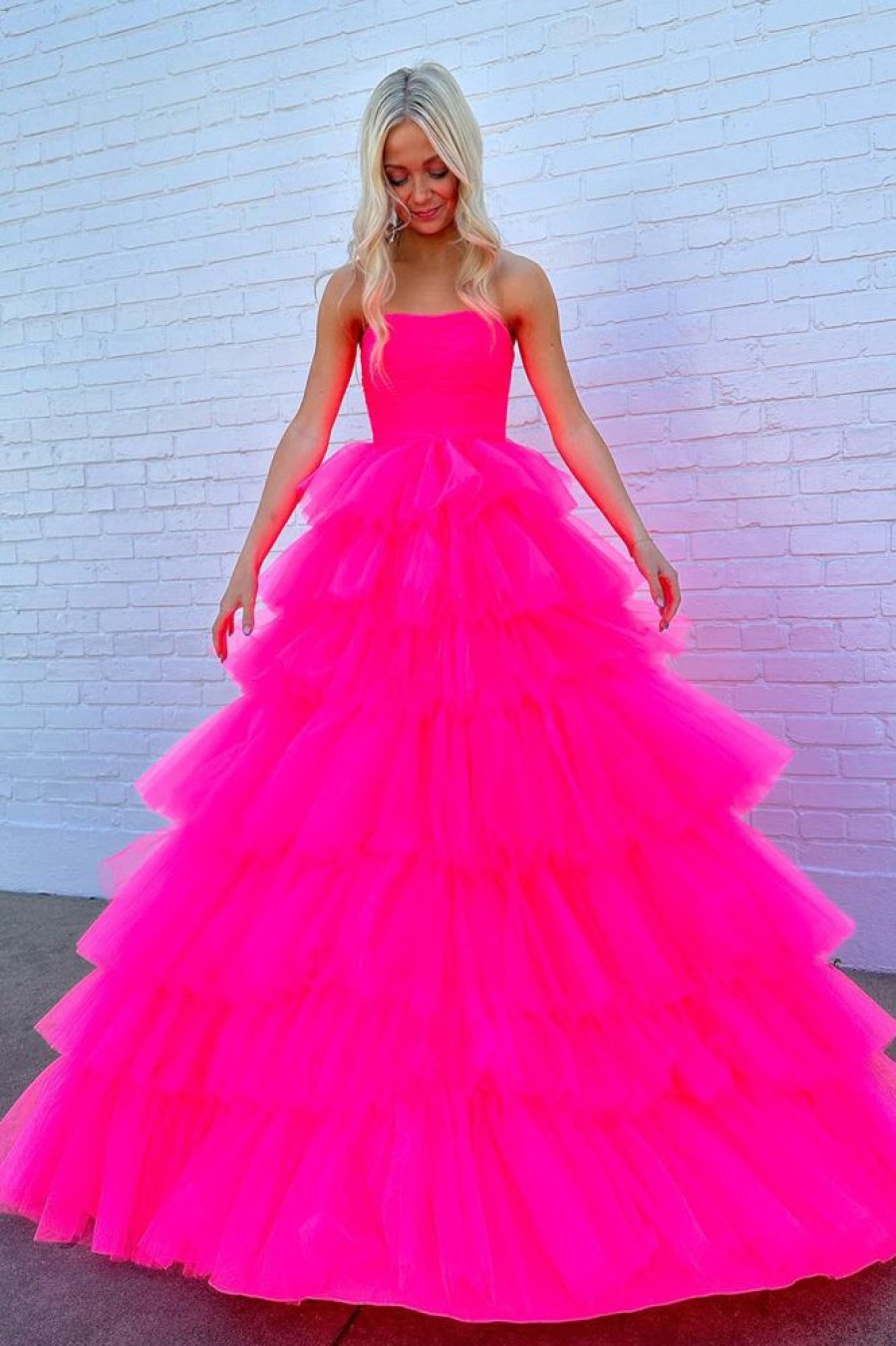 Homrain A-Line Tiered Tulle Long Prom Dress | Hot Pink Prom Dresses