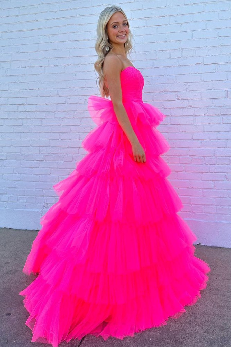 Homrain A-Line Tiered Tulle Long Prom Dress | Hot Pink Prom Dresses