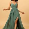 Homrain A Line Spaghetti Straps Eucalyptus Long Bridesmaid Dress With Split Front | Sage Green Bridesmaid Dress