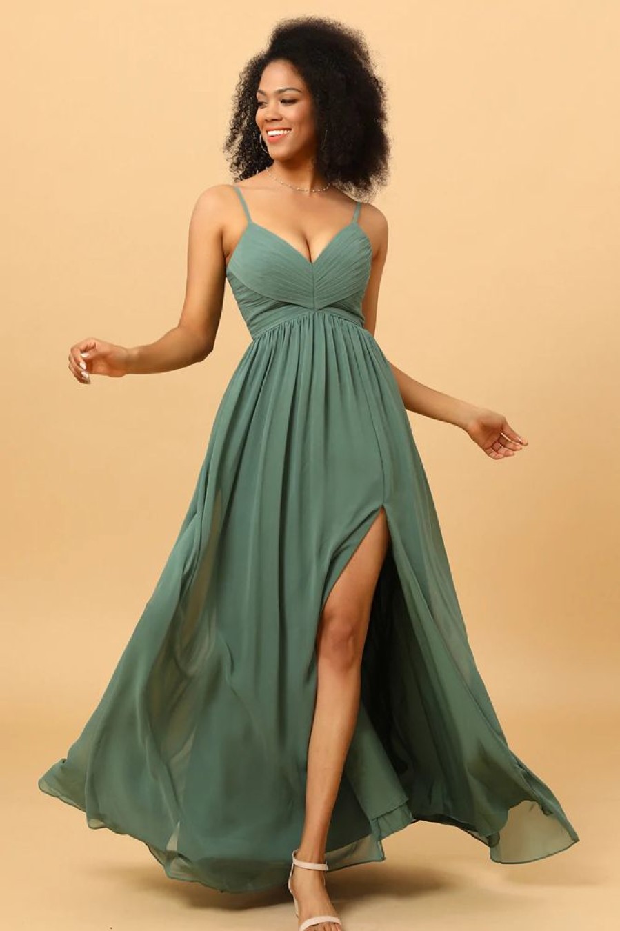 Homrain A Line Spaghetti Straps Eucalyptus Long Bridesmaid Dress With Split Front | Sage Green Bridesmaid Dress