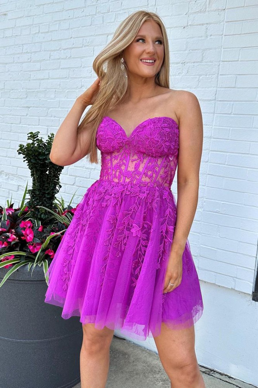 Homrain Sparkly Corset A-Line Tulle Short Homecoming Dress With Lace | Pink Hoco Dresses