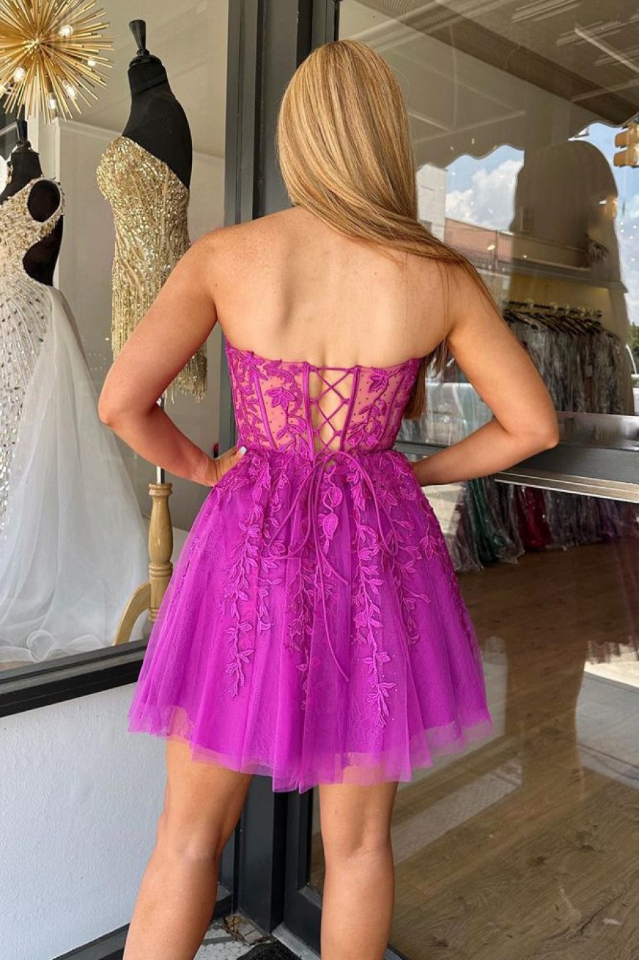 Homrain Sparkly Corset A-Line Tulle Short Homecoming Dress With Lace | Pink Hoco Dresses