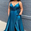 Homrain Plus Size Satin Long Prom Dress With Slit | Blue Prom Dresses